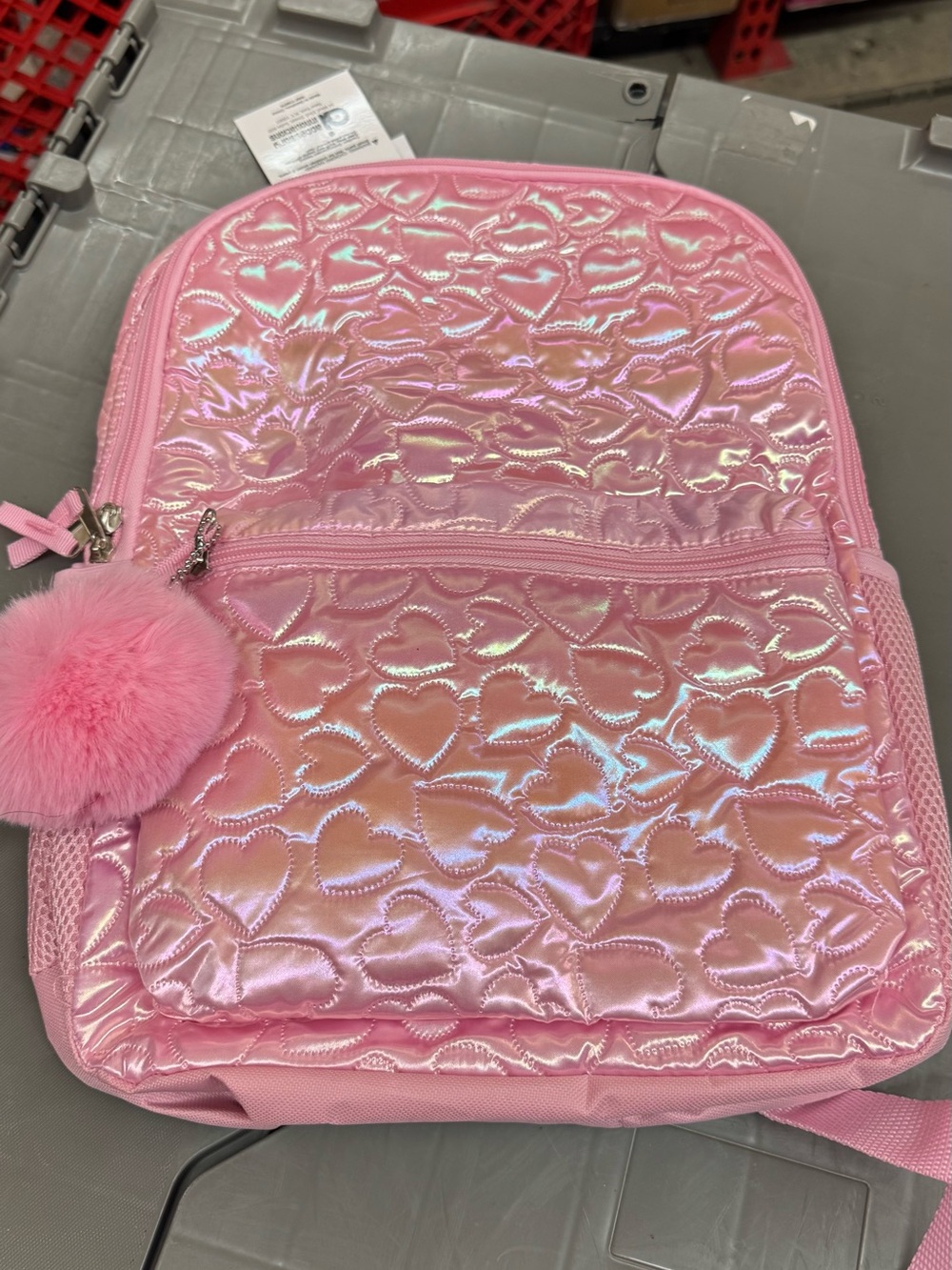 Kids Pink Heart Quilted Backpack with Pom Pom
